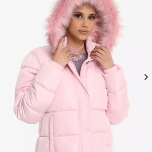 Hot Topic Light Pink Puffer Jacket with Faux Fur Trim